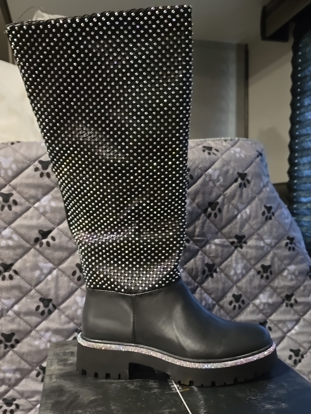Cape Robbin Black Rhinestone-Embellished Tall Boot with Silver Trim